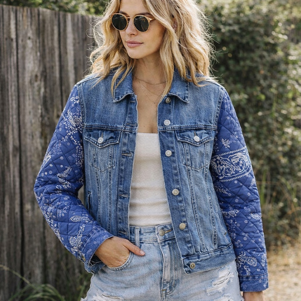 Kensie Blue Denim Quilted Bandana‎ Sleeve Trucker Jacket Western Boho M